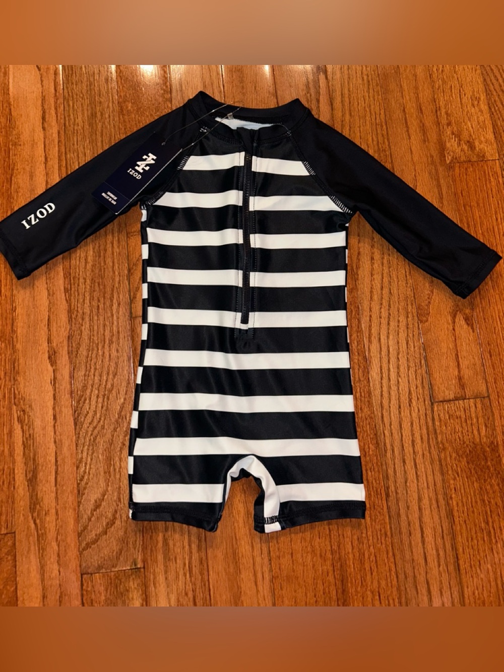 Izod Kids Navy & White Striped Long-Sleeve Swim Suit, Size 6 months, NWT